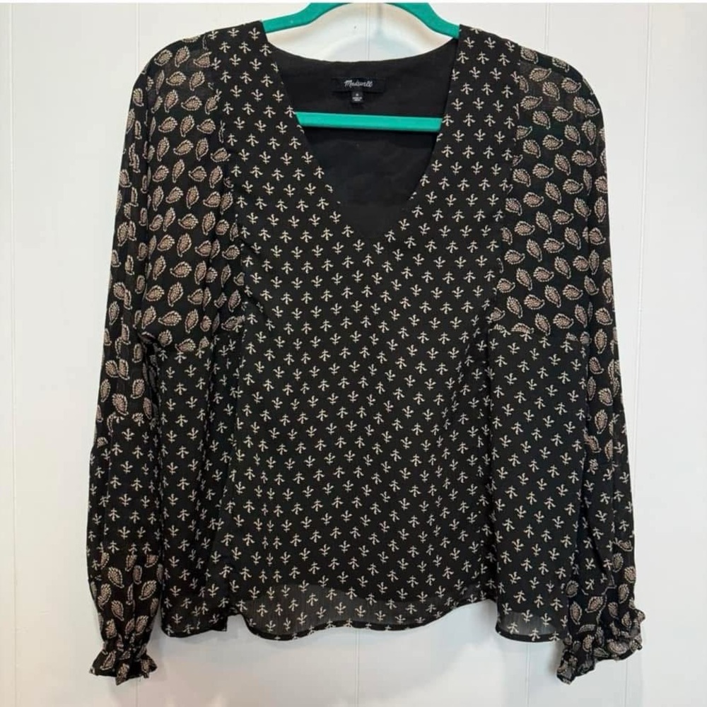 Madewell Blouse Women's Medium Black Brushstroke Paisley Mix Sheer Sleeve AD686